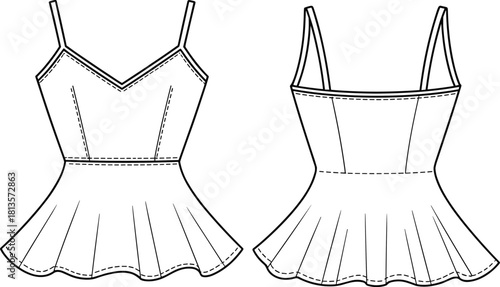 Peplum Cami Top Fashion Technical Drawing Flat Sketch Template Spaghetti Straps V-Neck Fitted Bodice and Flared Skirt Hem, Isolated Vector.