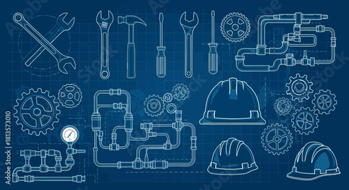 Blueprint style construction tools including wrenches screwdrivers and hard hats vector illustration for engineering and building designs
