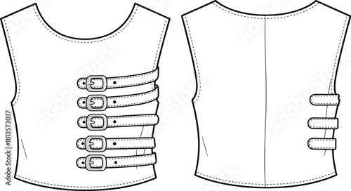 Sleeveless Crop Vest Technical Drawing Flat Sketch Template Buckle Straps Detailing Corset Style with Crew Neckline, Isolated Vector.