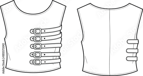 Sleeveless Crop Vest Technical Drawing Flat Sketch Template Buckle Straps Detailing Corset Style with Scoop Neckline, Isolated Vector.