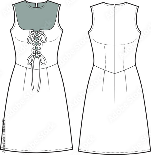 Sleeveless Mini Dress Technical Drawing Flat Sketch Template Corset Bodice Lacing Detail with Sheer Yoke and Back Zipper, Isolated Vector.