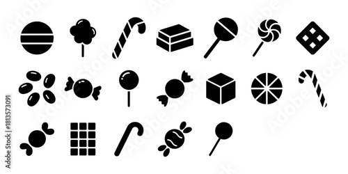 Candy and Sweets Icons Set of Lollipops, Chocolate plus Cane. Vector Illustration. Confectionery Symbols for Dessert, halloween treats or sweet shop menu designs.