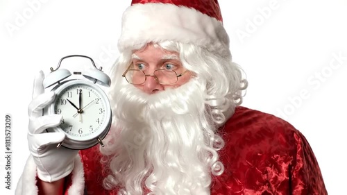 Santa Claus in a Time-Sensitive Situation, Expressing Surprise with a Clock in Hand, Hurry
