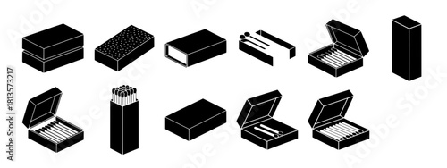 Matchbox and Matchstick Icons Set, Fire, Flame, Lighter, and Burning Safety Vector Silhouettes illustration