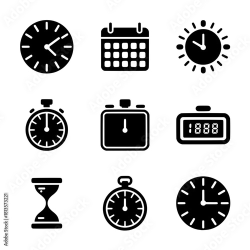 Time and Clock Icons Set. Calendar, Stopwatch, Hourglass and Digital Watch. Vector illustration. ideal for scheduling and deadlines.