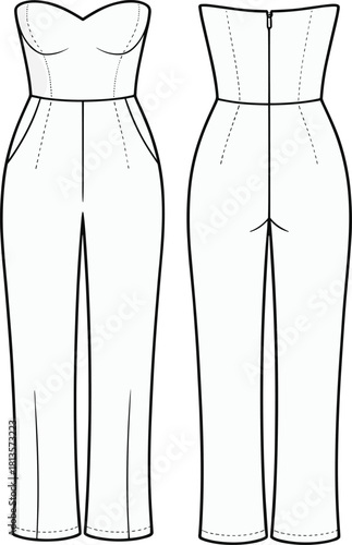 Technical flat fashion vector sketch of a strapless wide-leg jumpsuit with fitted sweetheart bodice, high waist, side pockets, and back zipper closure, front and back view.