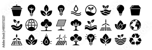 Ecology and Renewable Energy Icons Set. Solar Panel, Wind Turbine, Plant, tree, Recycling etc. Vector illustration. Sustainability Environmental Design