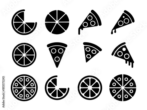 Pizza Slices and Whole Pizza Icon Set. Fast Food, Italian Cuisine and Delicious Meal. Flat Vector illustration