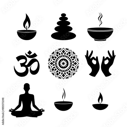 Yoga and Meditation Icon Set with Om Symbol, Mandala, Zen Stones. Vector Illustration. Spiritual Silhouettes. Mindfulness Wellness Practice Concept