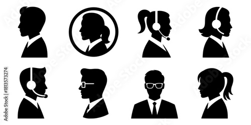 Customer Service and Call Center Icons Set of Male and Female Avatars with Headsets. Vector illustration silhouettes