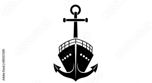 Stylized vector illustration of a front-view ship with a large anchor in the foreground, perfect for maritime logos, travel branding, ocean adventure designs, and navigation symbols.