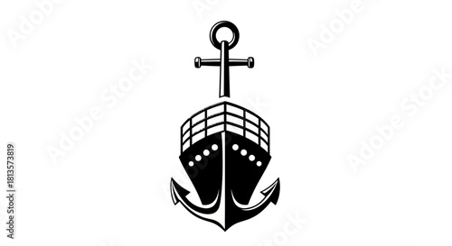Vector illustration of a ship's bow and a nautical anchor combined, symbolizing maritime transport, sea adventure, global logistics, and ocean security, in a minimalist black and white design.