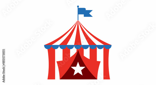 Circus tent vector icon with red and white stripes, a blue flag on top, and a white star on the entrance, symbolizing fun, entertainment, and a festive event on a clean background for design.