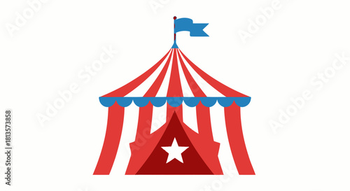 Vibrant colorful striped circus tent with a blue flag on top and a white star on its red entrance, symbolizing fun, entertainment, and a festive atmosphere for great events and shows.