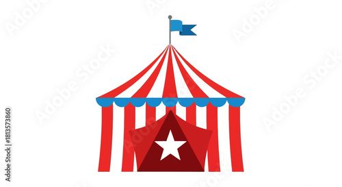 Red and white striped circus tent with a blue flag on top and a white star on the entrance, perfect for themes of entertainment, shows, festivals, and grand celebratory events for all.