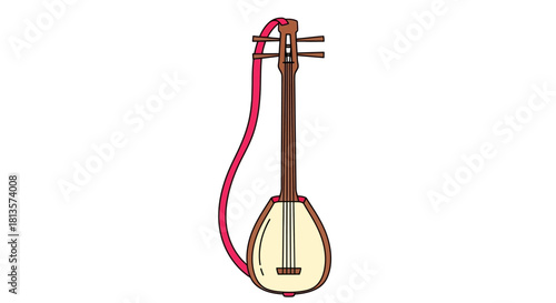 Shamisen instrument illustration vector art with a simple outline and vibrant pink strap, depicting traditional japanese music and cultural heritage for design projects.