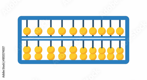 Abacus with blue frame and yellow beads for mathematical calculations, representing ancient counting methods, arithmetic learning, financial education, and problem-solving, flat design vector.