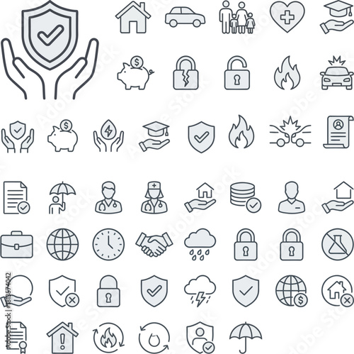 Minimal Insurance and Protection Line Icons Set – 50 Outline Symbols for Safety, Health and Finance