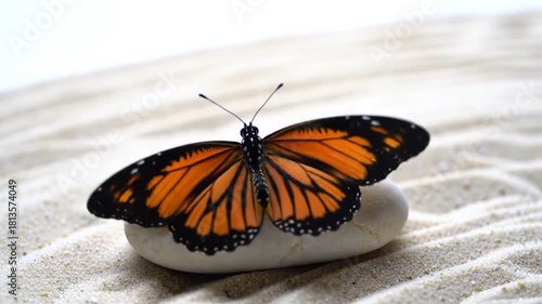 Stunning Monarch Butterfly on a White Pebble in a Sandy Setting, Tranquil Video