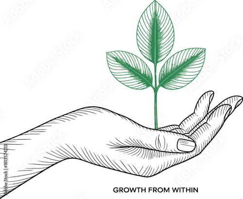 Hand Holding Plant with Growth From Within Text seedling
