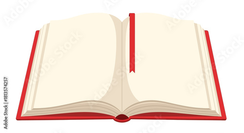 Opened book with blank cream pages, vibrant red cover, classic red ribbon bookmark, perfect template for custom text, illustration, education, stories, learning, knowledge, isolated on white.
