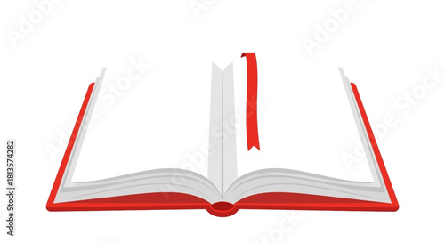 Open red book with red bookmark, displaying empty white pages, perfect for custom text or images. a crisp vector graphic symbolizing knowledge, education, reading, literature, stories, and new ideas.