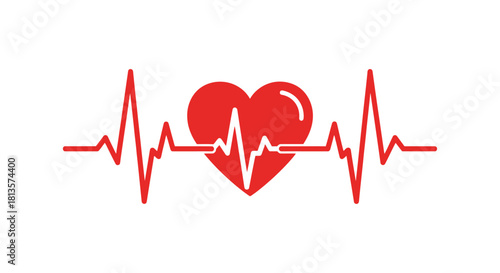 Red heartbeat line with a central heart icon, symbolizing vital signs, cardiac health, medical monitoring, emergency care, life, and wellness concepts, presented on a clean white background.