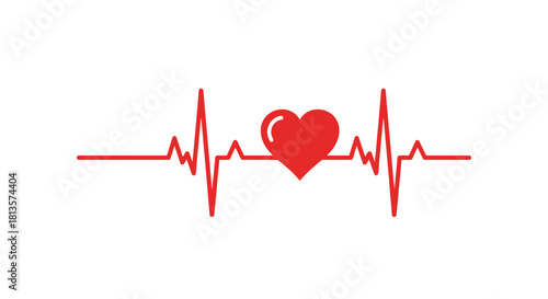 Red heartbeat line with a central heart symbol, embodying health, life, medical care, love, and vital signs, clean graphic isolated on a pure white background, ideal for medical and wellness.