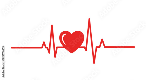 Red heartbeat line with a vibrant heart symbol at its center, representing vital signs, medical health, love, and care, isolated for clear graphic illustration and conceptual design projects.