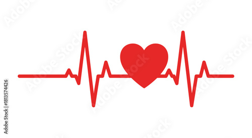 Heartbeat line with a central red heart symbol, representing cardiology, health, vital signs, love, emotion, and wellness, set against a clean, isolated background for medical and emotional concepts