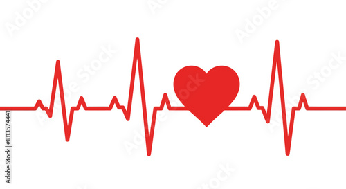 Electrocardiogram heartbeat pulse line with a vibrant red heart symbol illustrating vital life signs, cardiovascular health, love, care, medical monitoring, and wellness concept