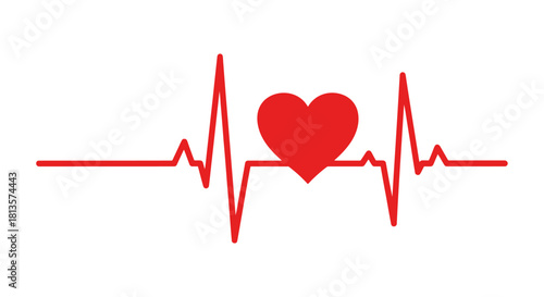 Red heartbeat line with a prominent heart symbol in the center, illustrating vital life signs, cardiovascular health, medical concepts, and passion on a clean white background.