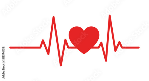 Red heart pulse line icon, graphic representation of heart rate or electrocardiogram (ecg) on a white background, symbolizing health, love, vital signs, medical care, and wellness.