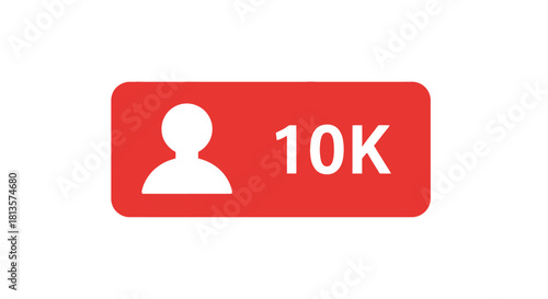 Social media 10k followers notification icon. red button with user silhouette, 10k text. represents online achievement, growth, subscriber milestone, and digital success.