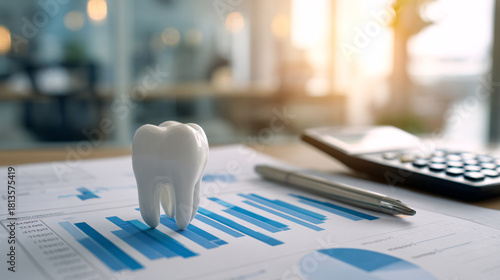 Analyze dental costs with charts, pen, and calculator in bright office setting
