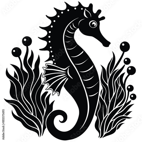 Stylized black silhouette of a seahorse surrounded by underwater plants and bubbles