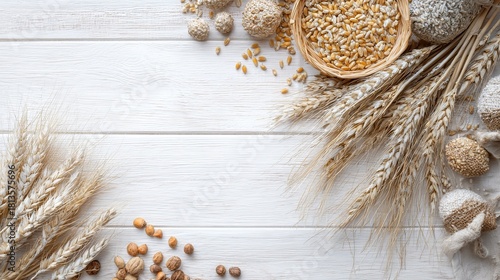 White wooden table background with wheat and grains in top view flat lay composition, copy space on the right side, clean rustic surface for food, bakery or farming concepts.