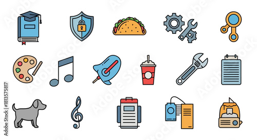 Set of various line icons colorful flat vector design elements for web and mobile apps isolated on white background