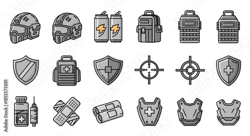 Set of tactical equipment icons vector illustration of military and medical supplies isolated on white background