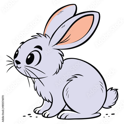 Adorable cartoon illustration of a cute fluffy white rabbit with big ears and expressive eyes sitting on a white background