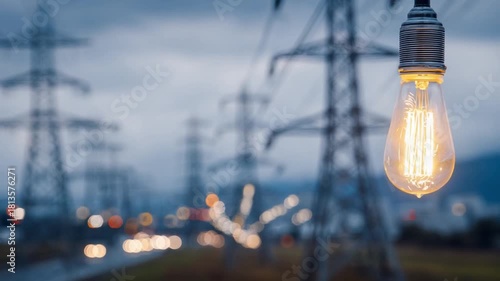 Power Grid Illumination: A glowing light bulb hangs in front of a sprawling power grid, casting a warm glow against the backdrop of an electrical power station and a serene night.