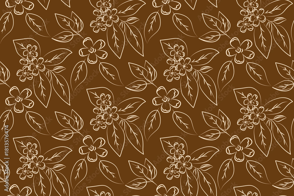Fototapeta premium Floral contour Pattern on Brown Background Vector Illustration