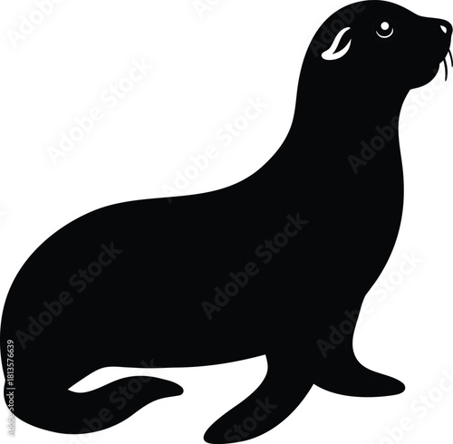 Black silhouette of a seal sitting upright on a white background looking to the right
