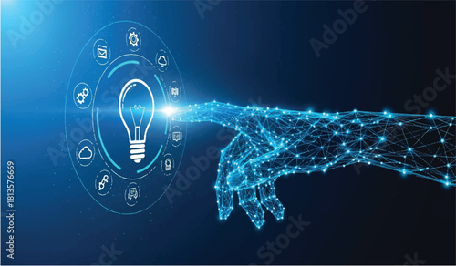 Blue digital hand touches glowing lightbulb with tech icons