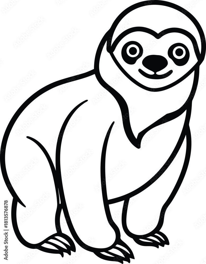 Fototapeta premium Cute cartoon illustration of a smiling three toed sloth sitting and looking forward with simple outline drawing style