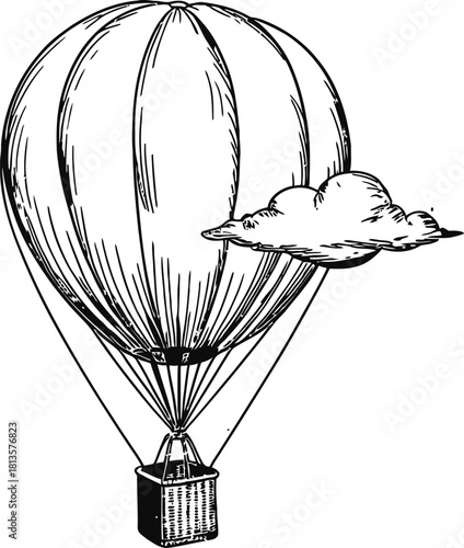 Vintage hot air balloon with a single cloud airship