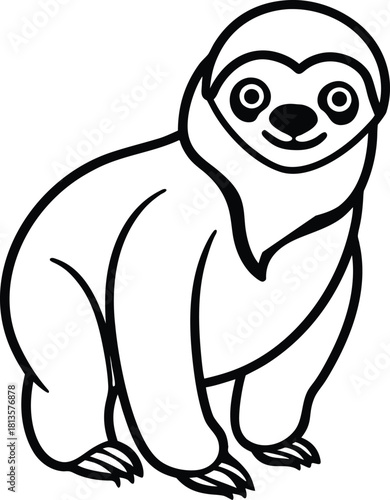 Cute cartoon illustration of a smiling three toed sloth sitting and looking forward with simple outline drawing style