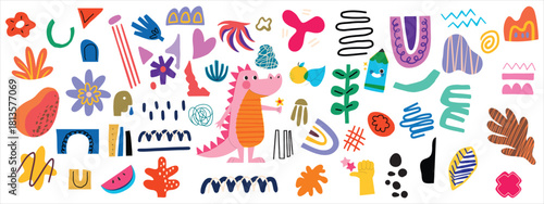 Colorful geometric seamless pattern with funky crayon drawn shapes. Abstract pencil doodle shapes, naive geometric figures and forms. Sketchy colorful seamless banner design. Kid's wrapping paper.