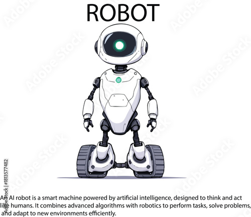 Cartoon-style wheeled AI robot with green eye and gesture pose