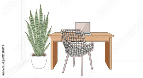 Minimalist Home Office Setup with Snake Plant and Wooden Desk.